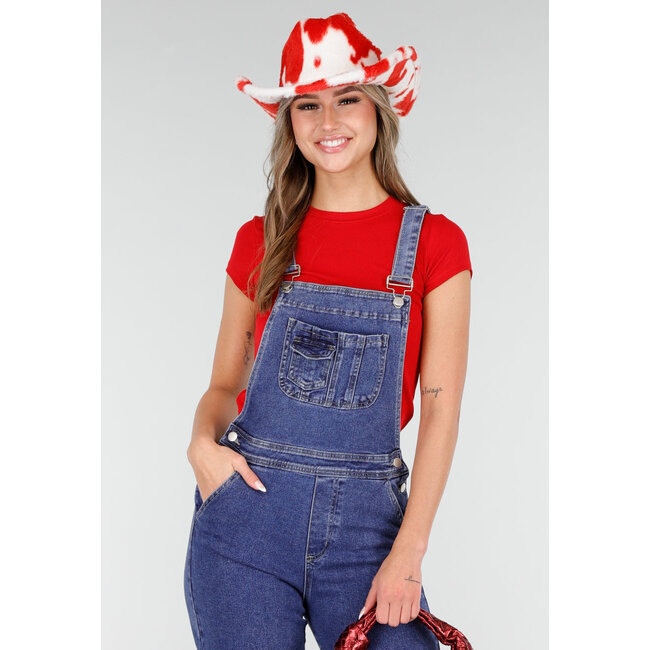 Roter Cowboyhut mit Kuhmuster aus Kunstfell