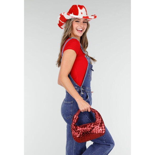 Roter Cowboyhut mit Kuhmuster aus Kunstfell