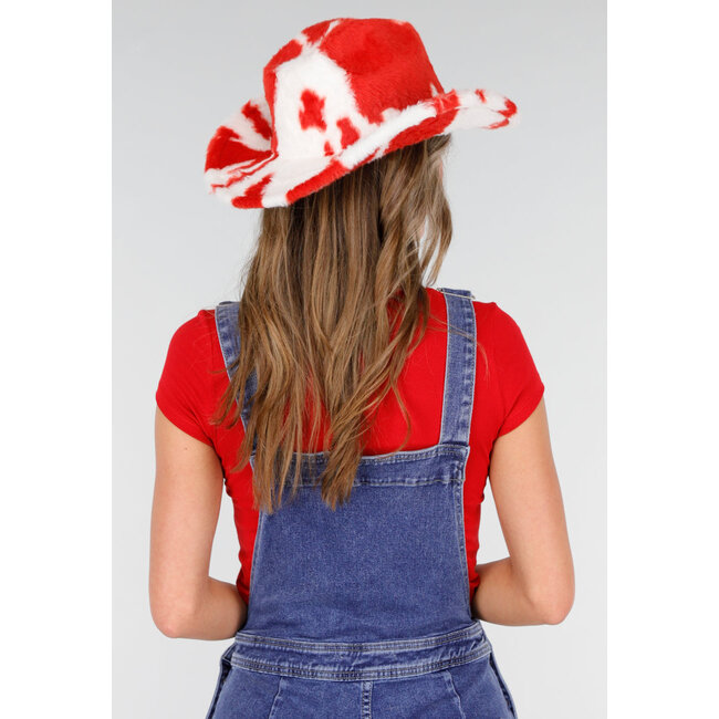 Roter Cowboyhut mit Kuhmuster aus Kunstfell