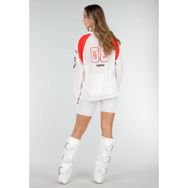 Weißes Mesh-Jersey-Oberteil mit langen Ärmeln