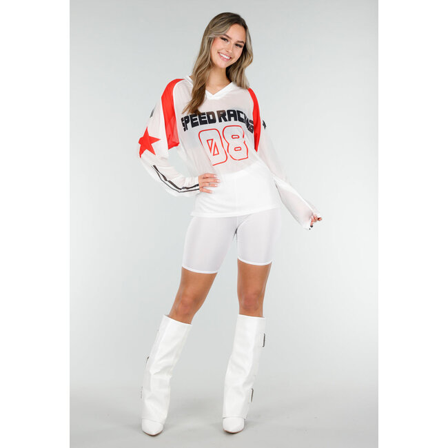 Weißes Mesh-Jersey-Oberteil mit langen Ärmeln