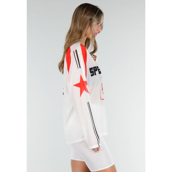 Weißes Mesh-Jersey-Oberteil mit langen Ärmeln