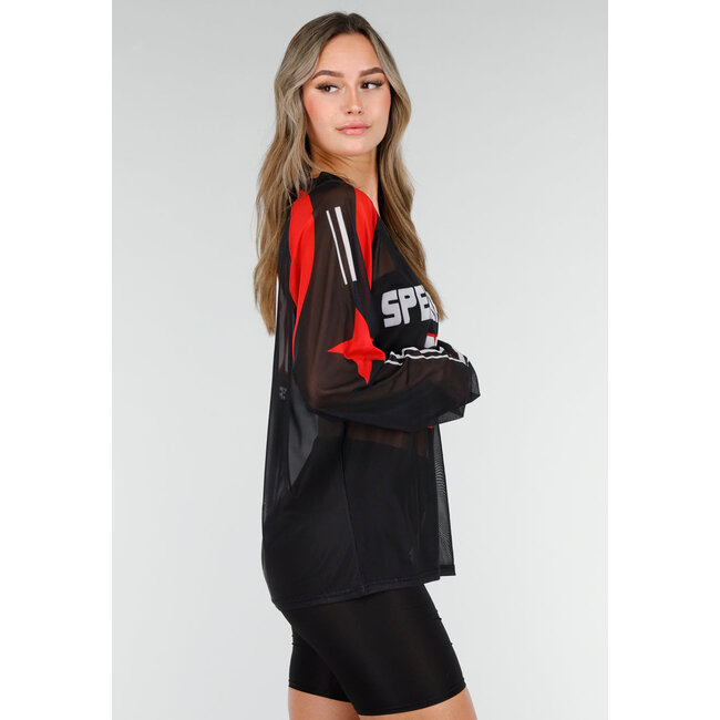 Schwarzes Jersey-Oberteil mit langen Ärmeln und Print