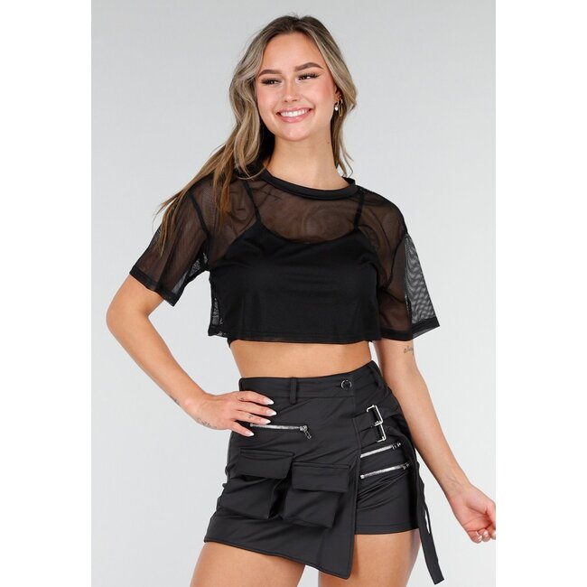 Schwarzes Mesh-Crop-Top mit kurzen Ärmeln