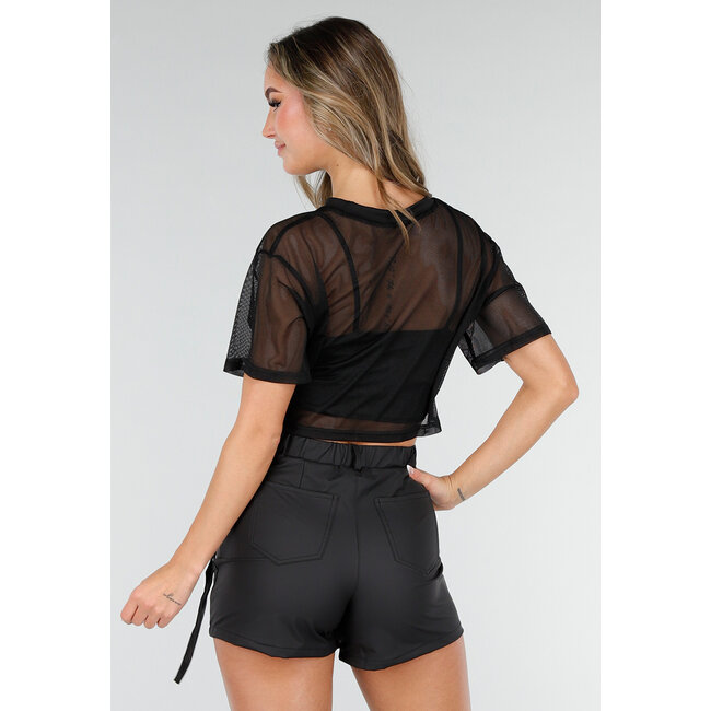 Schwarzes Mesh-Crop-Top mit kurzen Ärmeln