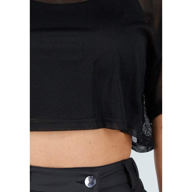 Schwarzes Mesh-Crop-Top mit kurzen Ärmeln