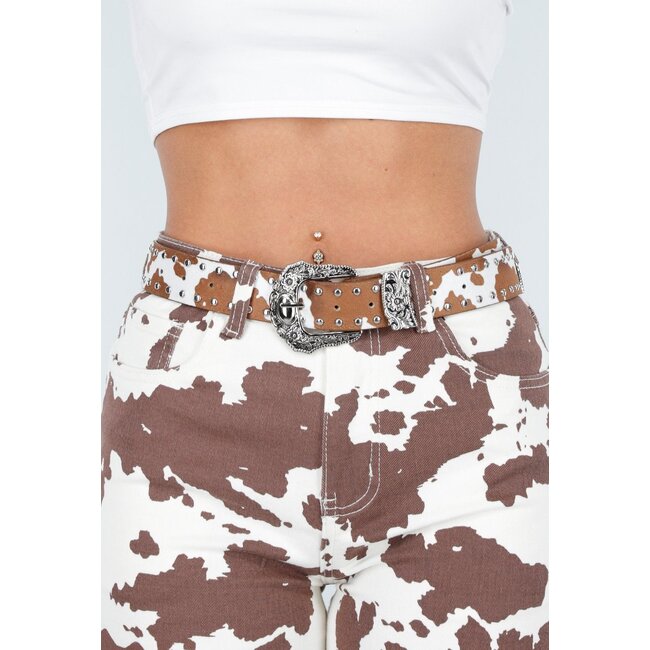 Brauner Western-Gürtel mit Kuhmuster