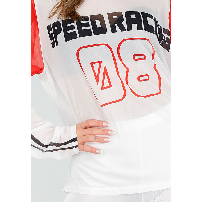 Weißes Mesh-Jersey-Oberteil mit langen Ärmeln