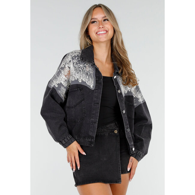 Dunkelgraue Glitzer-Jeansjacke mit Mesh