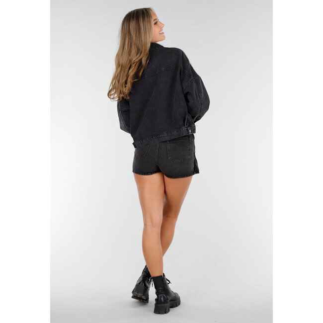 Dunkelgraue Glitzer-Jeansjacke mit Mesh