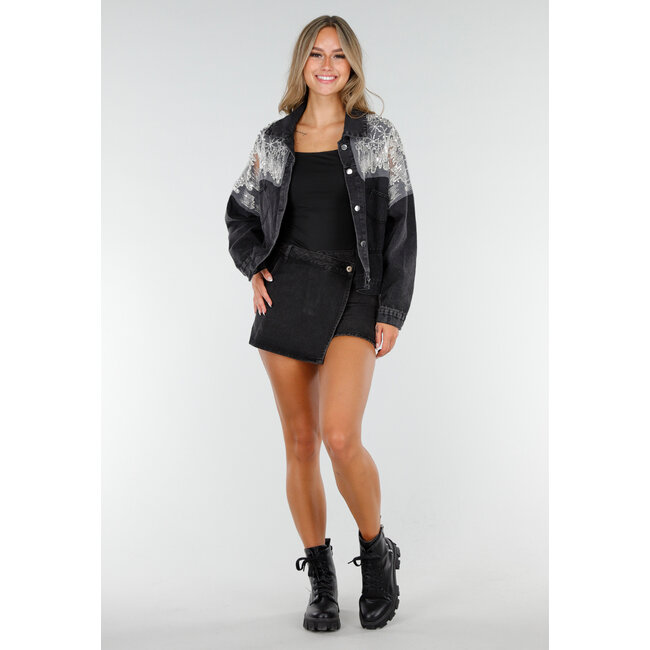 Dunkelgraue Glitzer-Jeansjacke mit Mesh