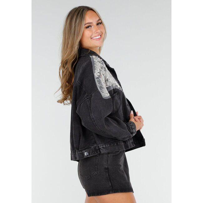 Dunkelgraue Glitzer-Jeansjacke mit Mesh