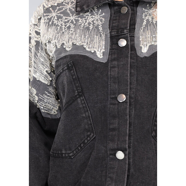 Dunkelgraue Glitzer-Jeansjacke mit Mesh