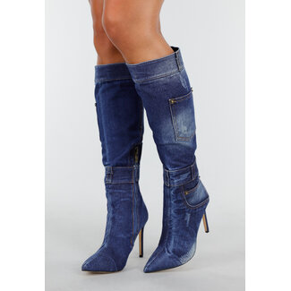 Kniestiefel im Denim-Look mit Stilettoabsatz