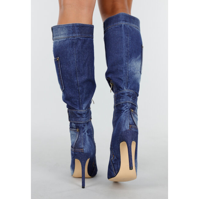 Kniestiefel im Denim-Look mit Stilettoabsatz