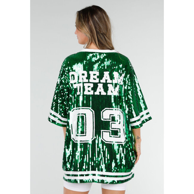 Grünes Oversized-Pailletten-Jersey-Oberteil mit V-Ausschnitt