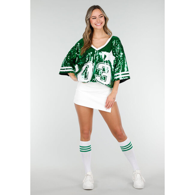 Grünes Oversized-Pailletten-Jersey-Oberteil mit V-Ausschnitt