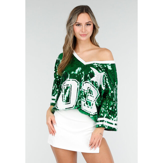 Grünes Oversized-Pailletten-Jersey-Oberteil mit V-Ausschnitt