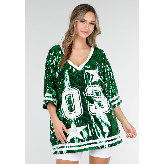 Grünes Oversized-Pailletten-Jersey-Oberteil mit V-Ausschnitt