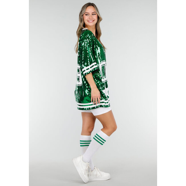 Grünes Oversized-Pailletten-Jersey-Oberteil mit V-Ausschnitt