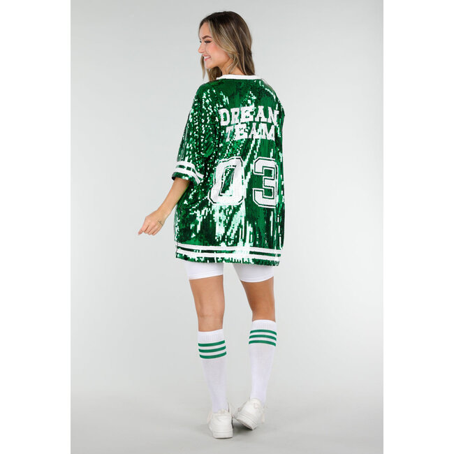 Grünes Oversized-Pailletten-Jersey-Oberteil mit V-Ausschnitt