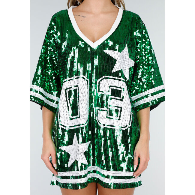 Grünes Oversized-Pailletten-Jersey-Oberteil mit V-Ausschnitt