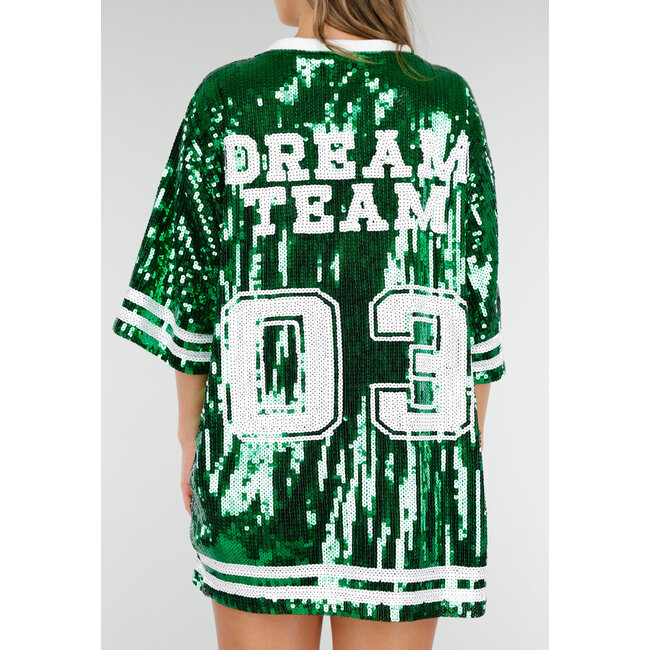 Grünes Oversized-Pailletten-Jersey-Oberteil mit V-Ausschnitt