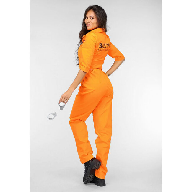 Langer orangefarbener Boevenjumpsuit mit Handschellen