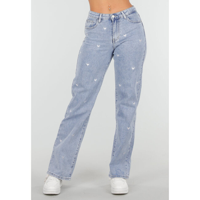 Hellblaue Straight Leg Jeans mit Herzchenprint