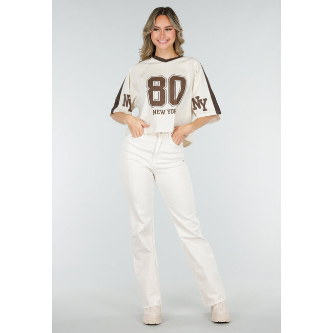 Beigefarbene Straight-Leg-Jeans mit hoher Taille und Stretchanteil