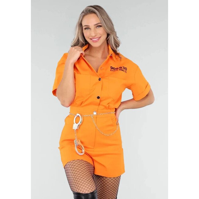 Orangefarbenes Verbrecherkostüm mit Handschellen