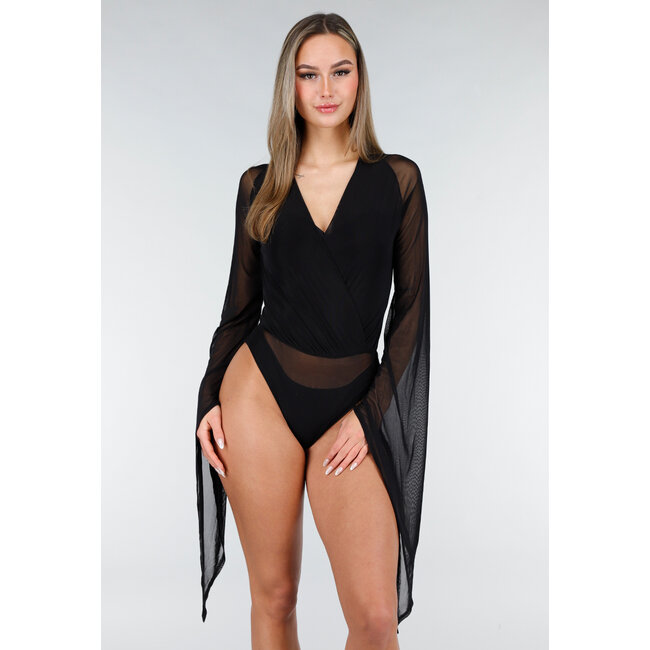 Schwarzes Mesh-Set mit V-Ausschnitt und langen Ärmeln