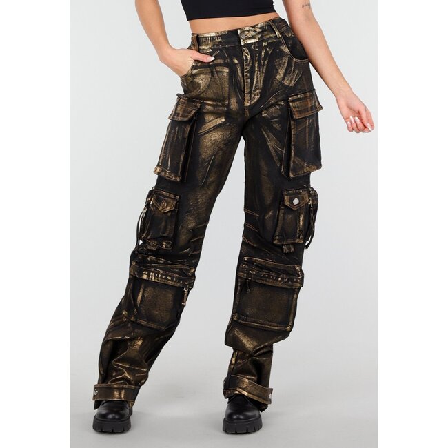 Schwarze Cargo-Jeans mit goldener Metallic-Beschichtung und Taschen