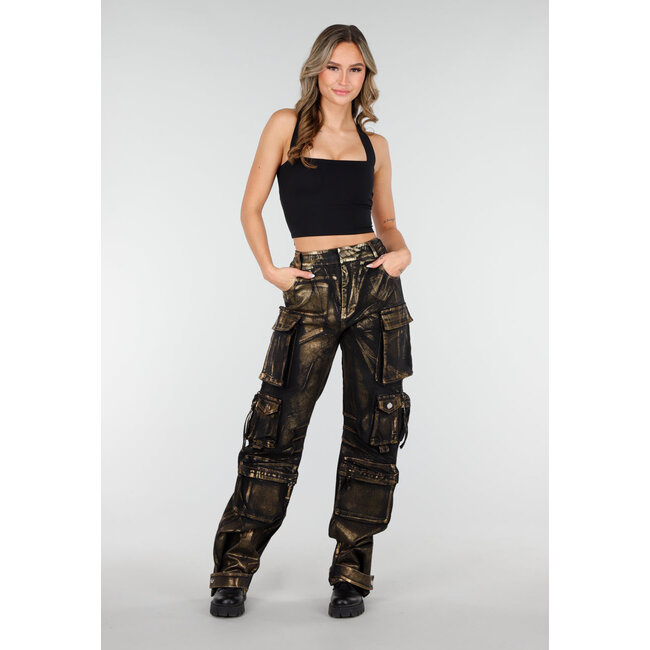 Schwarze Cargo-Jeans mit goldener Metallic-Beschichtung und Taschen