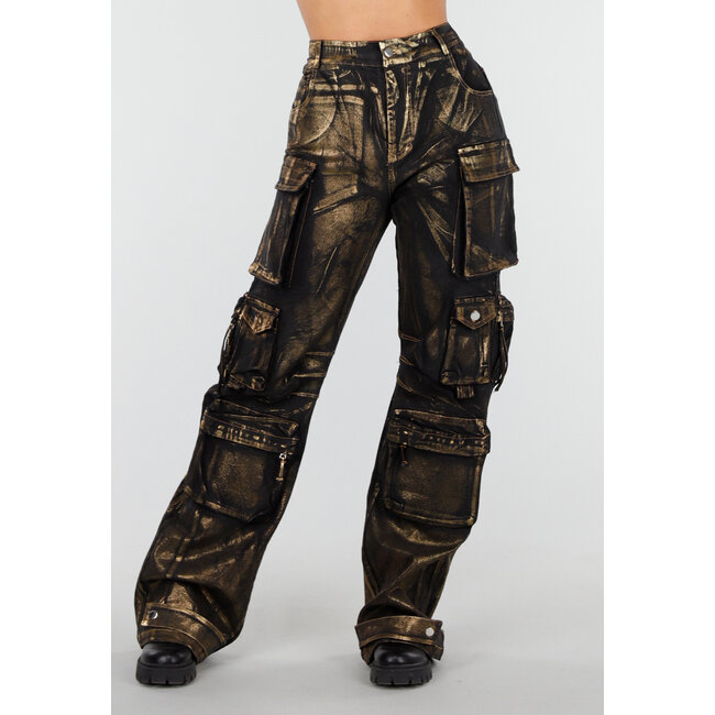 Schwarze Cargo-Jeans mit goldener Metallic-Beschichtung und Taschen