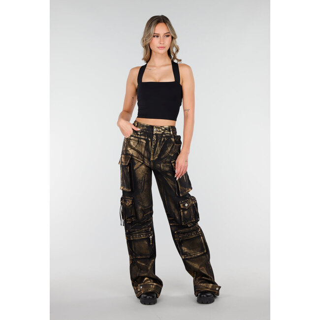 Schwarze Cargo-Jeans mit goldener Metallic-Beschichtung und Taschen
