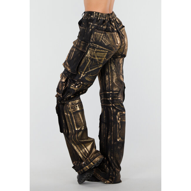 Schwarze Cargo-Jeans mit goldener Metallic-Beschichtung und Taschen