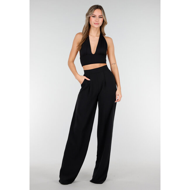 High Waist Schwarze Leinenoptik-Hose mit Bund