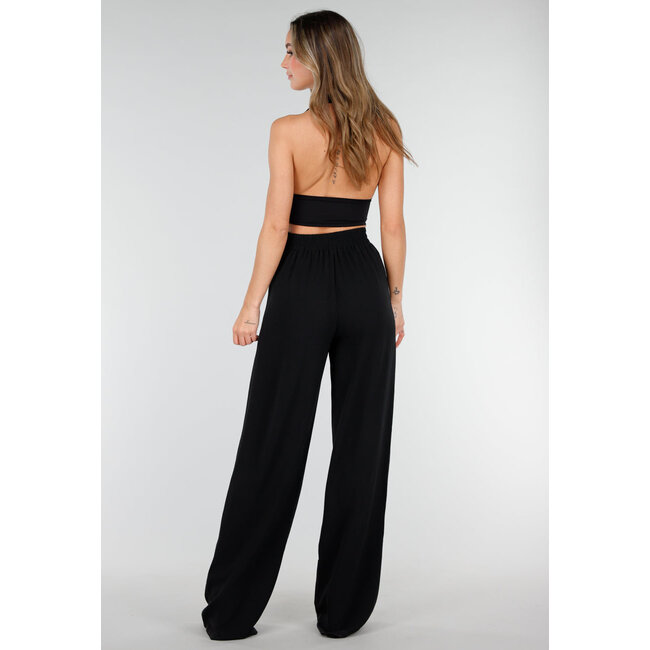 High Waist Schwarze Leinenoptik-Hose mit Bund
