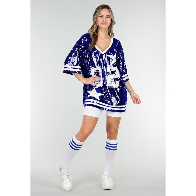 Blaues Oversized-Jersey-Oberteil mit V-Ausschnitt und Pailletten