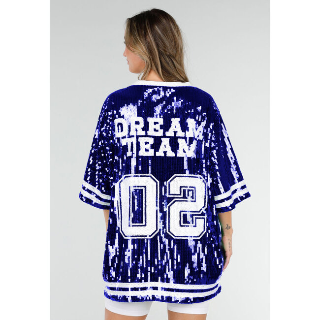 Blaues Oversized-Jersey-Oberteil mit V-Ausschnitt und Pailletten