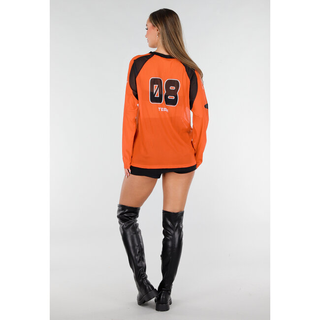 Orangefarbenes Mesh-Jersey-Oberteil mit langen Ärmeln