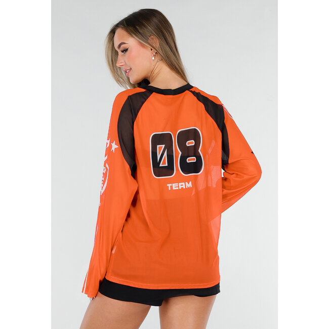 Orangefarbenes Mesh-Jersey-Oberteil mit langen Ärmeln