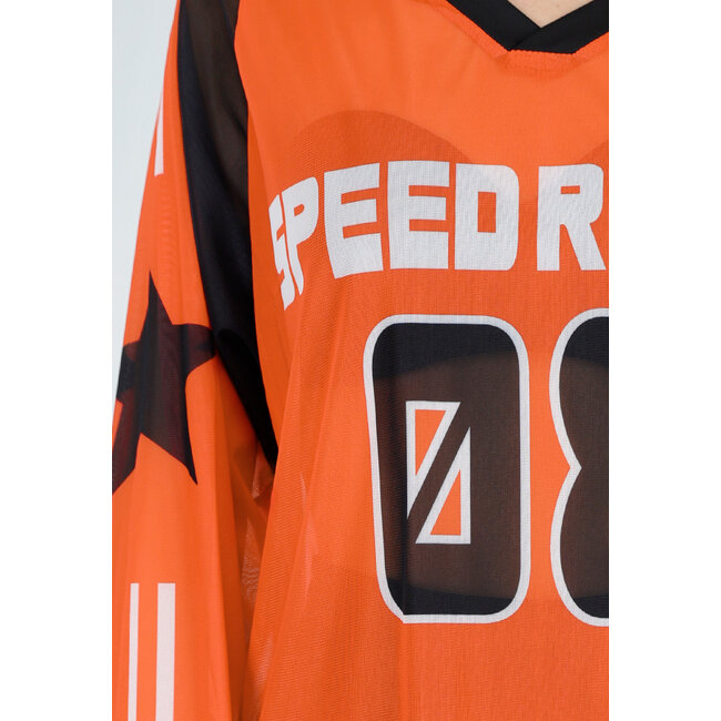 Orangefarbenes Mesh-Jersey-Oberteil mit langen Ärmeln