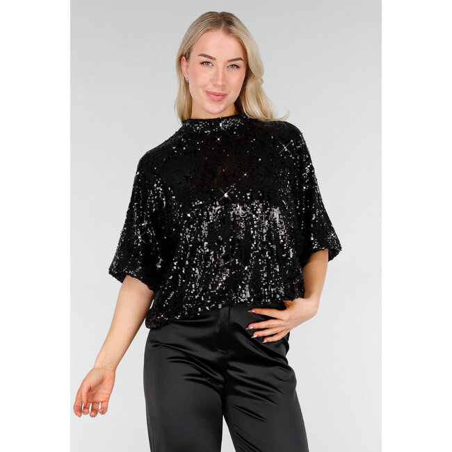 Schwarzes Pailletten-Oberteil mit kurzen Ärmeln