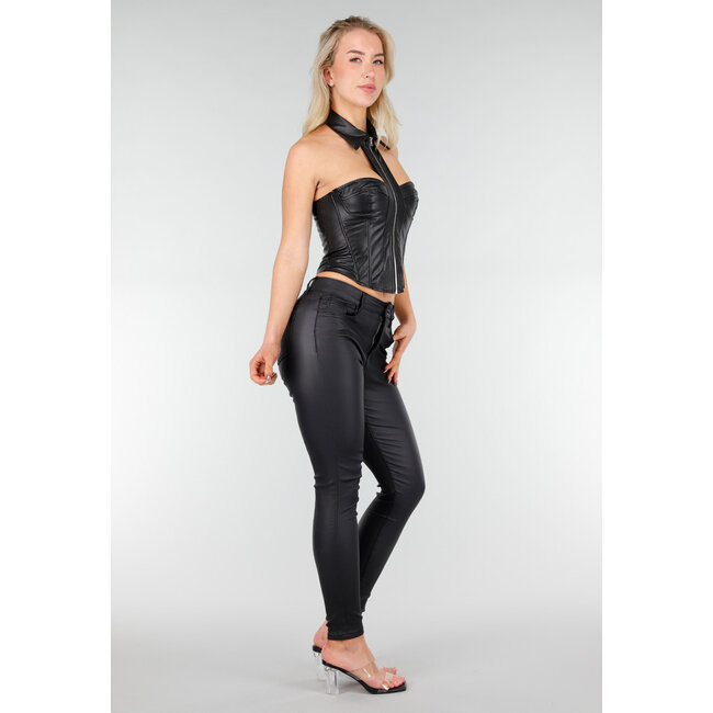 Schwarzes Korsett-Oberteil in Lederoptik mit Reißverschluss und Kragen