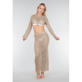 Beigefarbenes, gehäkeltes Midi-Cover-Up-Set