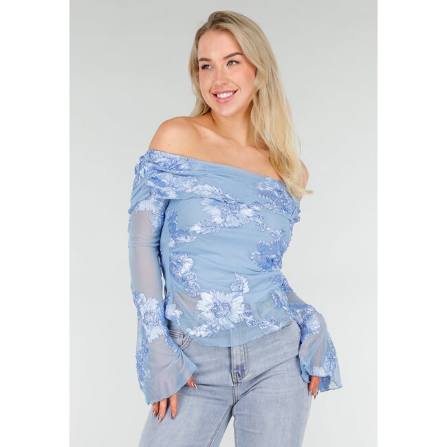 Blaues Off-Shoulder-Mesh-Oberteil mit Blumen