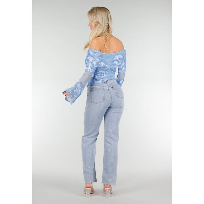 Blaues Off-Shoulder-Mesh-Oberteil mit Blumen