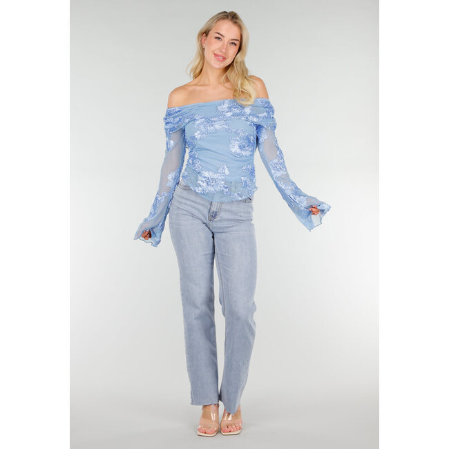 Blaues Off-Shoulder-Mesh-Oberteil mit Blumen